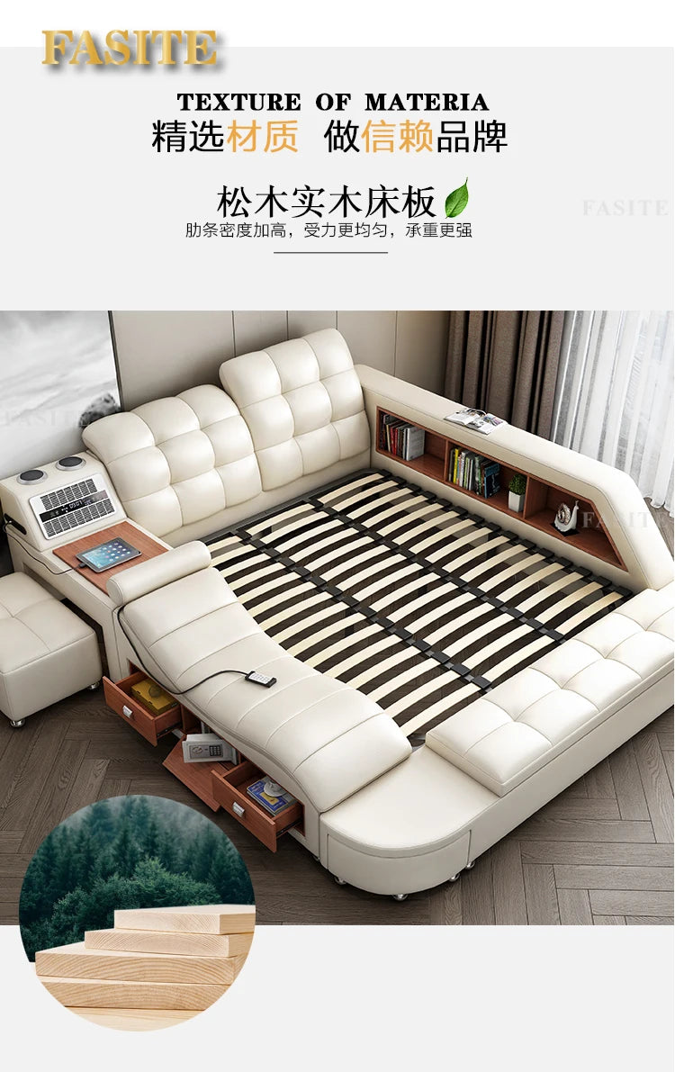 Genuine Leather Tech Smart  Multifunctional Beds Massage Modern Luxury Camas Upholstered With Bluetooth Speaker,Air Cleaner