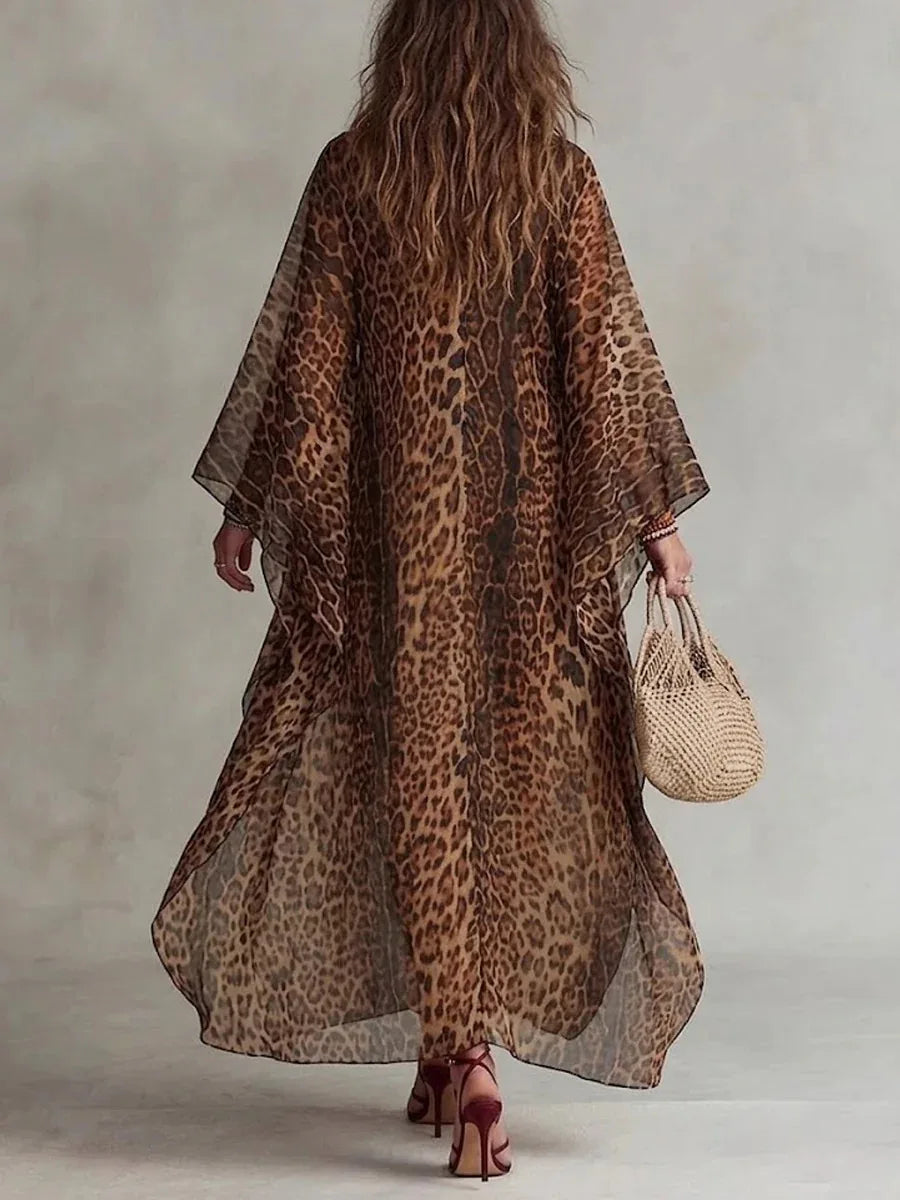 Vintage Chiffon Leopard Dress Deep V Neck Batwing Sleeve Maxi Caftan Dress Casual Loose Summer Beach Cover Up Dresses...
