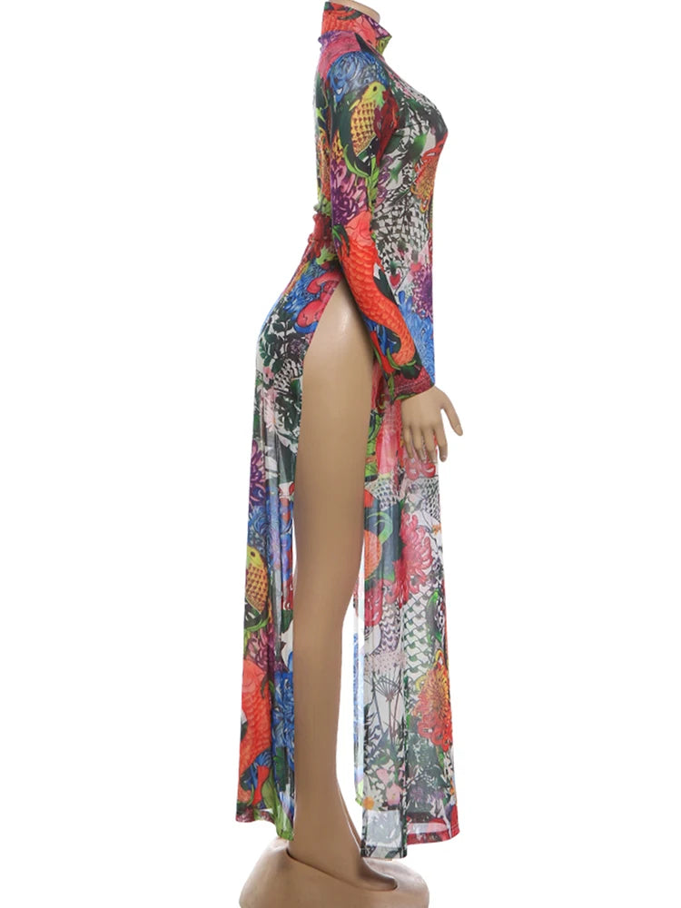 Kliou Colorful Flower Print Extended T-Shirts Woman o-Neck Full Sleeve High Waist Splits Hem Spring Trend Elegant...