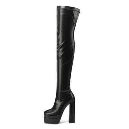 Square Toe Super High Three-Layer Platform Fashion Women's Over The Knee Boots Thick Heel Side Zipper Slip-On Plush Lining Boots