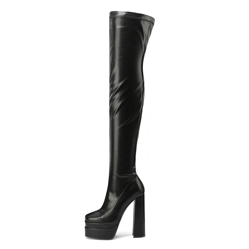 Square Toe Super High Three-Layer Platform Fashion Women's Over The Knee Boots Thick Heel Side Zipper Slip-On Plush Lining Boots