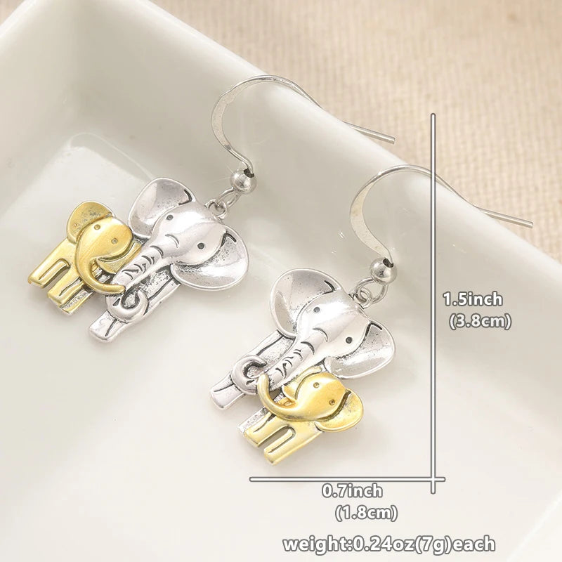 Vintage Two Color Hand Carving Elephant Dangle Women's Earrings Metal Daily Wear Party Jewelry