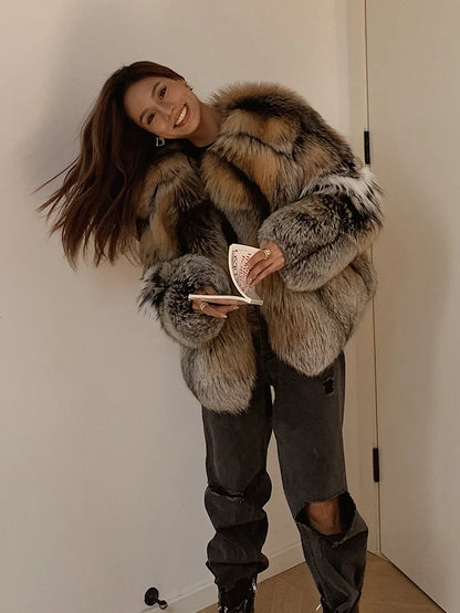 2023 New Real Natural Silver Fox Fur Coat Women Highend Quality Genuine Women Winter Luxury Female Jacket OuterwearLong Sleeve