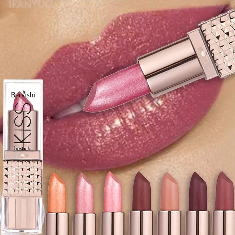 12 Colors Glitter Shiny Lipstick Waterproof Long Lasting Pearlescent Shimmer Lip Tint Diamond Easy Color Lipstick Deluxe Makeup