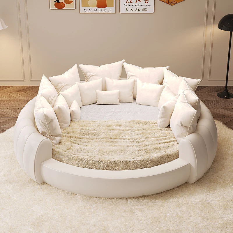 double wedding Round bed modern simple leather apartment queen beds European style base de cama matrimonial home furniture