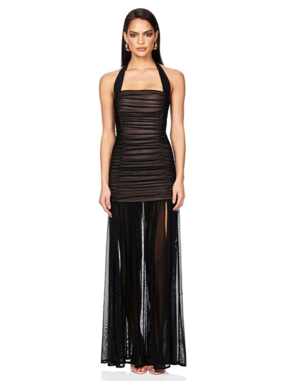 Sexy Halter Neck Mesh Patchwork Ruched Long Dress Women Black Sleeveless Backless Elegant Slim Runway Evening Party Club...