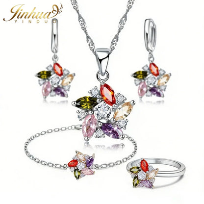 26 Wellness Jewelry Set 925 Sterling Silver Windmill Colorful Good Lucky CZ Necklace Earrings Bracelet Ring+Gift Box For Women