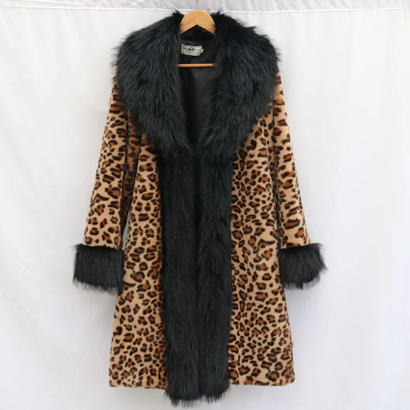 Women's leopard-print fur coat Long mink coat fox fur large fur collar winter trench coat loose and large size