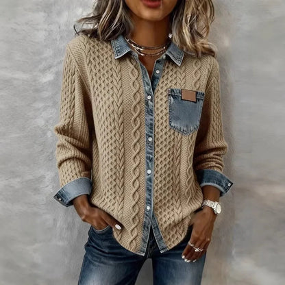 Women knit Denim Shirt Coat Overshirt Vintage Blouse Single Breasted Turn Down Collar Pockets Washed 2025 Office Lady Top Jacket - Kimlud