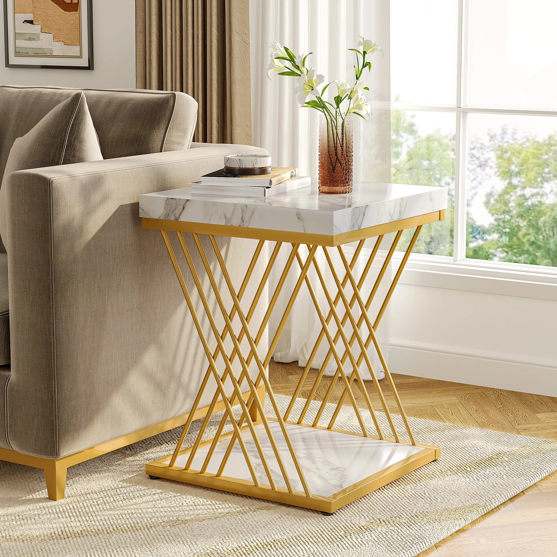 Tribesigns Square Side Table White Gold Side Table Set of 2, 2-Tier End Table Modern Bedside Table Small Side Table
