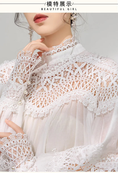 Light Luxury Hollow Print Stand-up Collar Lantern Sleeve Shirt Women French Temperament Fashion Lace Splicing Loose Casual Shirt