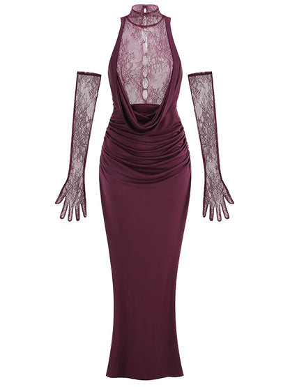 Sexy Sleeveless High Neck Lace Patchwork Long Dress with Gloves Women Black Hollow Out Buttons Evening Club Party Maxi...