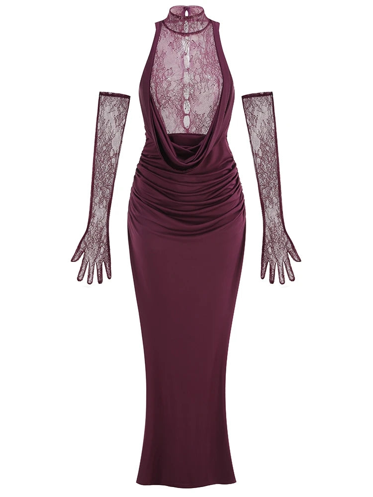 Sexy Sleeveless High Neck Lace Patchwork Long Dress with Gloves Women Black Hollow Out Buttons Evening Club Party Maxi...
