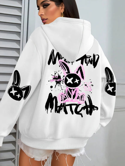 Mix And Match Cartoon Rabbit Prints Women Hoodie Pocket Streetwear Harajuku Loose Hoody All-Match Fleece Female Clothing