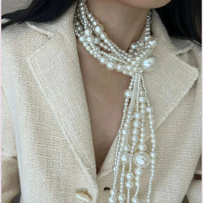 Elegant Multilayer Imitation Pearl Long  tassel knot Chain Necklace for Women Elegant Beads Choker Party  Jewelry