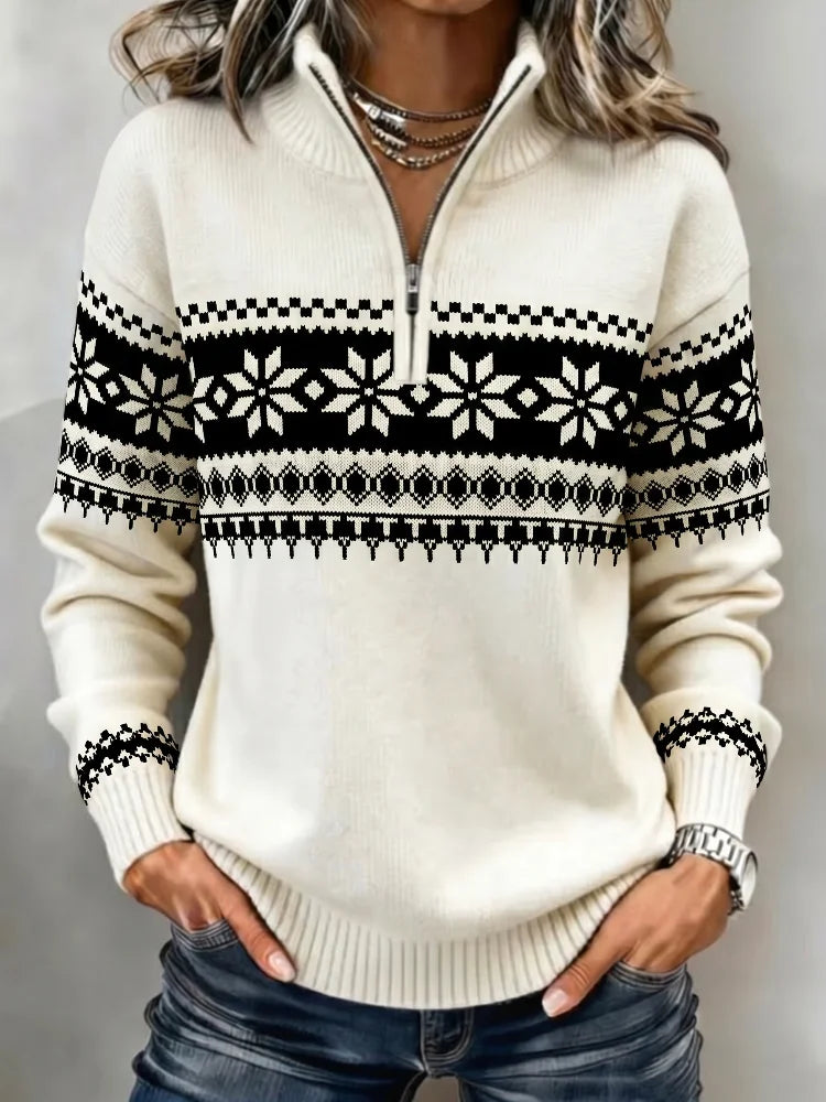 Women Snowflake Fair Isle Jacquard Half Zip Mock Neck Sweater Cream White Long Sleeve Ribbed Cuff Warm Knit Pullover |...