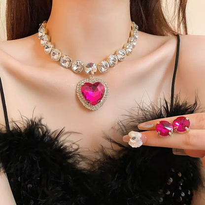 Rose Red Heart Crystal Earring Necklace Set Fashion Exaggerated Collarbone Chain Luxury Jewelry