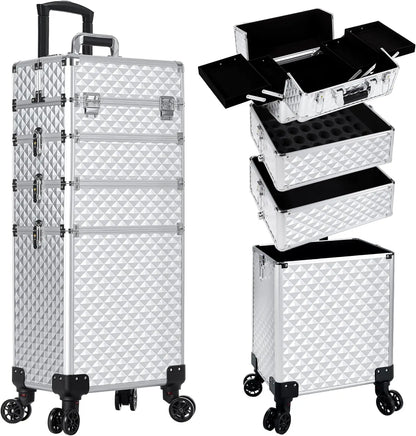 Rolling Makeup Train Case 4 in 1 Cosmetology Case on Wheels Large Storage Cosmetic Trolley with Key Salon Barber Case