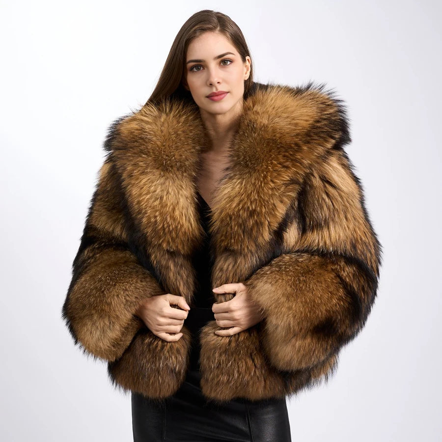 Genuine Raccoon Fur Coat With Hood Women's Winter Jacket Real Full Skin Raccoon Fur Jacket High Quality Natural Fur Jacket