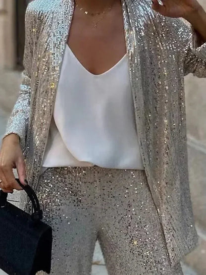 Sequin Fashion 2 Piece-Set Women Straight Legg Slim Glitter Patchwork Suit Outwear And Women's Pants Sets Female Outfits