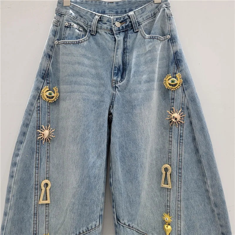 2026 Spring New Metal Buckle Decorated Mid-Waist Wide-Leg Jeans Women Washed Scimitar Pants Casual Versatile Long Pants Female - Kimlud