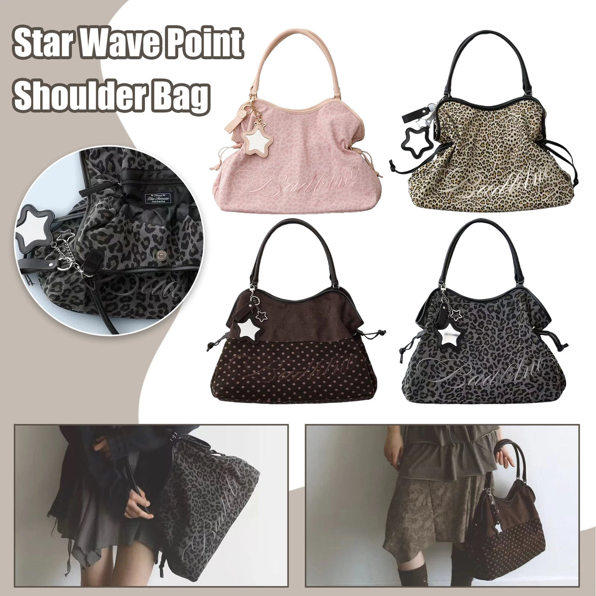 Y2K BadBlue Embroidered Leopard Print Tote Bag Large Capacity Shoulder Bag with Star Mirror Pendant Korean Trendy Women...
