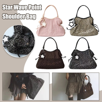 Y2K BadBlue Embroidered Leopard Print Tote Bag Large Capacity Shoulder Bag with Star Mirror Pendant Korean Trendy Women...