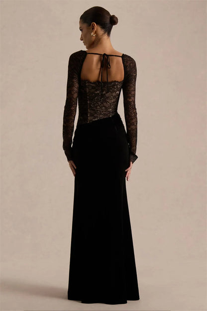 Mozision Lace Velvet Square-Neck Sexy Maxi Dress Women Elegant See Through Long Sleeve Backless Split Club Party Long...