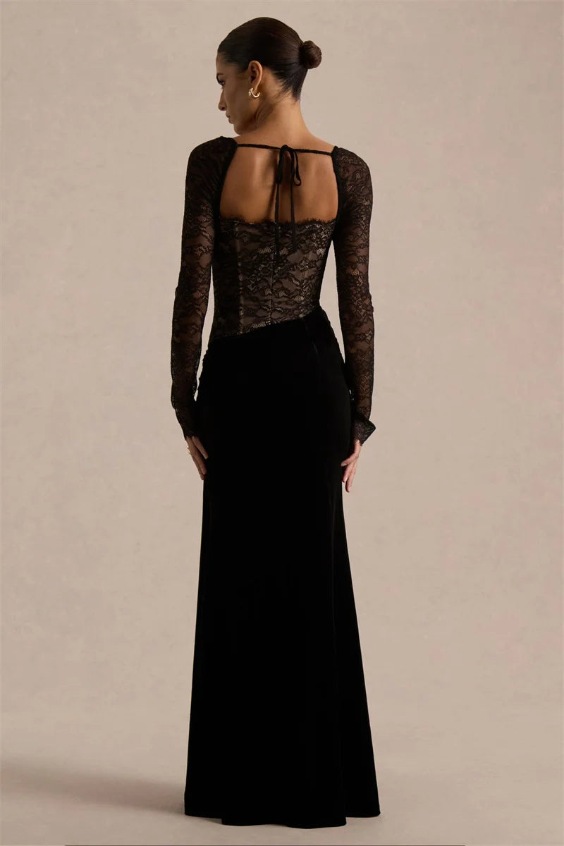 Mozision Lace Velvet Square-Neck Sexy Maxi Dress Women Elegant See Through Long Sleeve Backless Split Club Party Long...