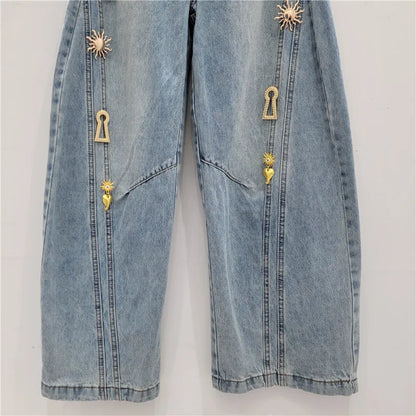2026 Spring New Metal Buckle Decorated Mid-Waist Wide-Leg Jeans Women Washed Scimitar Pants Casual Versatile Long Pants Female - Kimlud