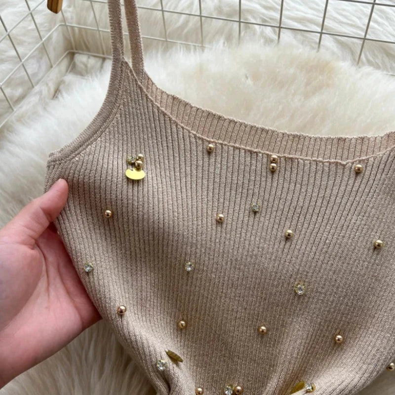 Women's Beige Spaghetti Strap Square Neck Gold Dot Embellished Belted Stretchy Knit Bodycon Maxi Dress Elegant Party Long Dress - Kimlud