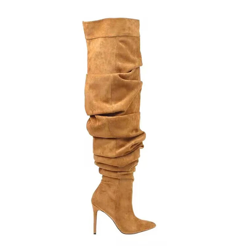 Fashion wrinkle pointed toe women over knee boots sexy thin heel zipper long boots