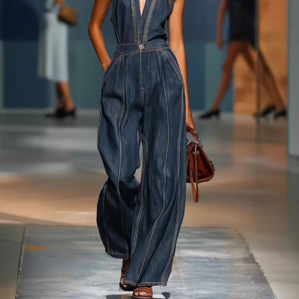 Women's Halter Neck Faux Denim Jumpsuit Sleeveless Deep V-Neck Wide Leg Denim Romper Vintage Inspired Retro Overalls |...