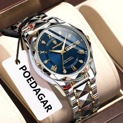 POEDAGAR Luxury Men's Watches Waterproof Luminous Date Week Watch For Man Stainless Steel Quartz Casual Men Wristwatch+Box Gift