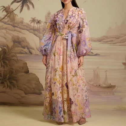 Heavy Embellied Floral Print Maxi Dr Court Sle Lantern Sve Midi Waist Spring Autumn Ladies Holiday Dr