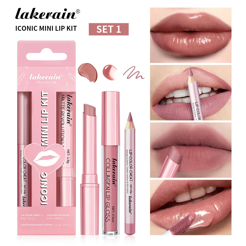 lakerain 3pcs mini matte lipstick+lip gloss+lip liner set precise outline three-dimensional lip plumping lipstick set