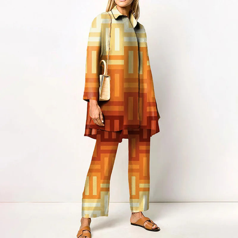 Autumn New Loose Vintage Printed Pant Sets Women Long Sleeve Shirts And Wide Legs Trousers Two Piece Set 2025 Fashion Streetwear