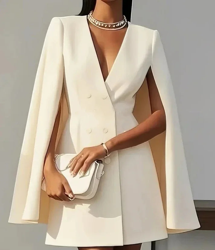 Women Dresses 2025 Spring Autumn New Commuting Double Breasted Shawl Cape Solid Color V-Neck Mini Dress Fashion Women's Clothing - Kimlud