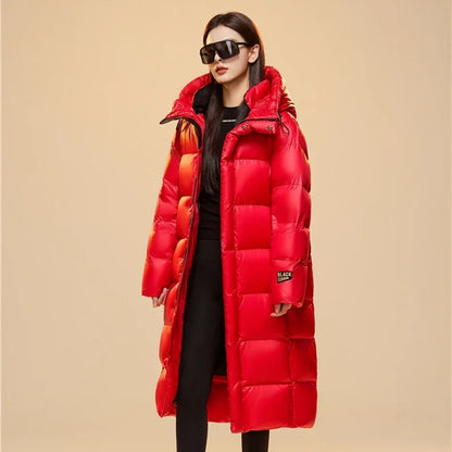 Top Grade Women Red 90%  White Goose Down  Thick（Winter) Warm  X-Long Jackets 2023 New Arrivals Female Hooded Down Parka