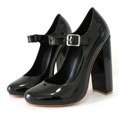 Elegant Women Black Patent Mary Jane High Heel Pumps Buckle Strap Round Toe Block Heel  Party & Office Work Dress Shoes