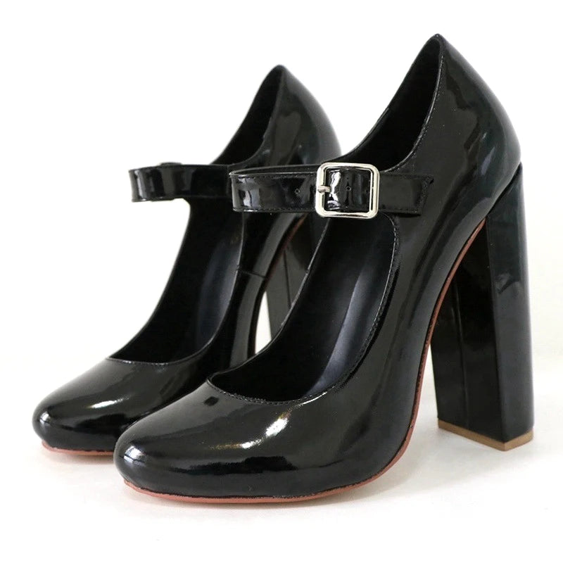 Elegant Women Black Patent Mary Jane High Heel Pumps Buckle Strap Round Toe Block Heel  Party & Office Work Dress Shoes