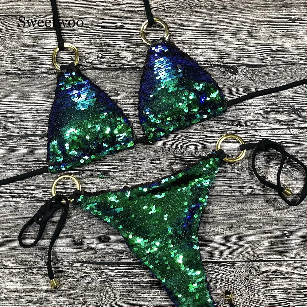 Solid Bikini Sexy Swimsuit Halter Swimwear Bathing Suit Women Bling Sequin Bikini Set Beach Wear Dropshipping Monokini...