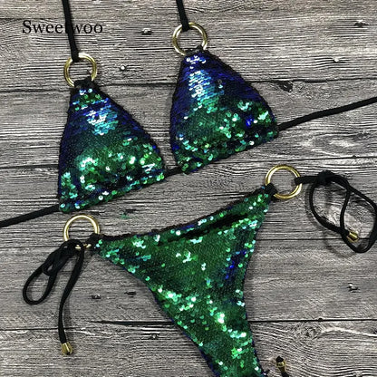 Solid Bikini Sexy Swimsuit Halter Swimwear Bathing Suit Women Bling Sequin Bikini Set Beach Wear Dropshipping Monokini...