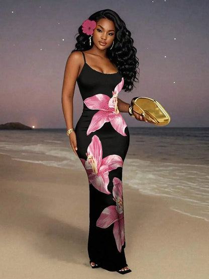 Womens Floral Print Elegant Waist Cinched Long Strap Dress For Party,Summer Dresses For Women