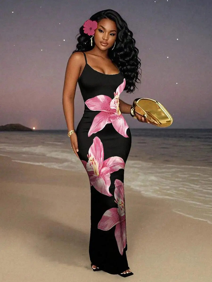 Womens Floral Print Elegant Waist Cinched Long Strap Dress For Party,Summer Dresses For Women