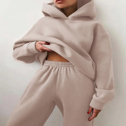 2 Pieces Set Women New Fashion Leisure Autumn Winter Pure Color Fleece Hooded two-piece Sports Suits Dropshipping LKX21660