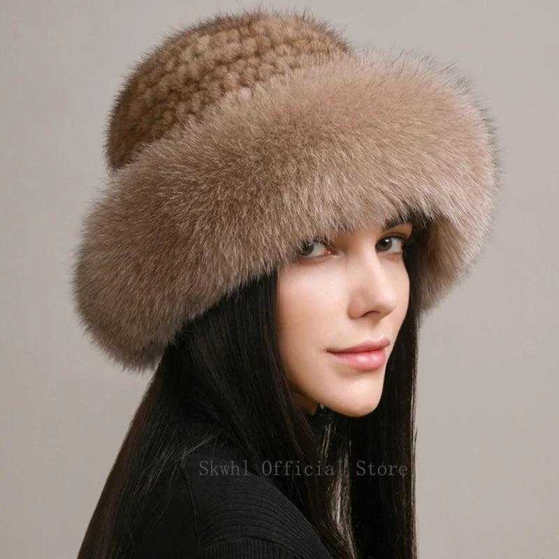 New Genuine Real Natural Knitted Mink Fur Hat Cap Luxury Women Handmade Knit Fashion Winter Headwear Warm Real Fox Fur Beanies