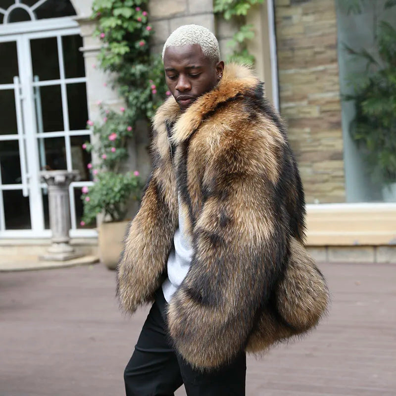 JANEFUR Men's Winter Raccoon Coat Thick Collar Warm Coat Real Raccoon Fur Coat Luxury Fashion