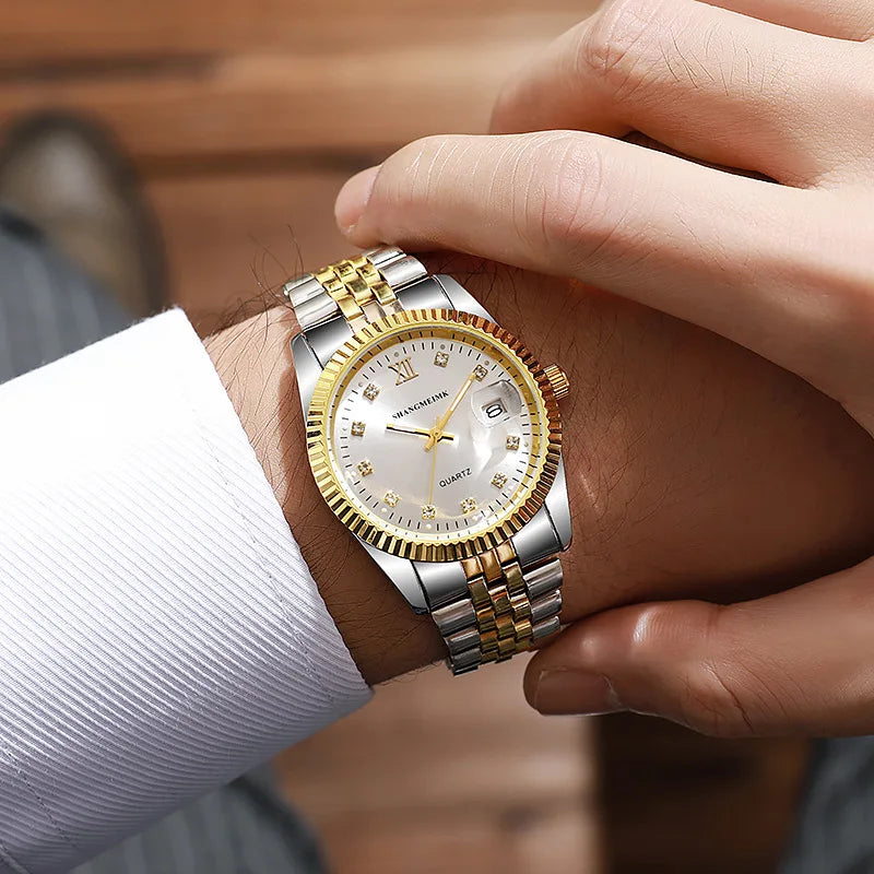 Mens Watch Gold Dial Multi Functional Quartz Movement Stainless Steel Waterproof Timing Men Business Watch Reloj Hombre