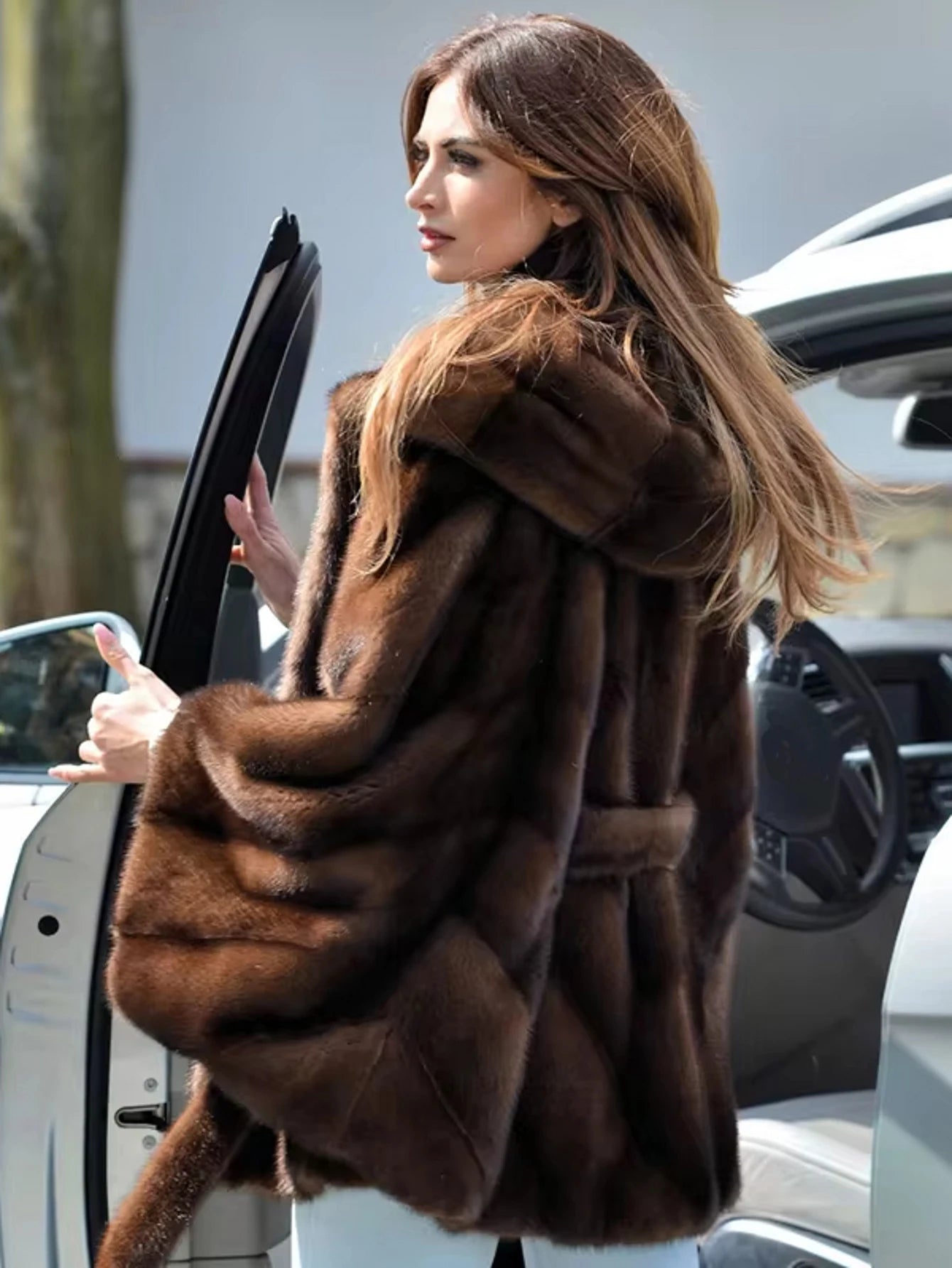 New fashion for autumn and winter: casual fluffy faux fur coat, women's hooded belt style, batsleeve artificial Mink Coat